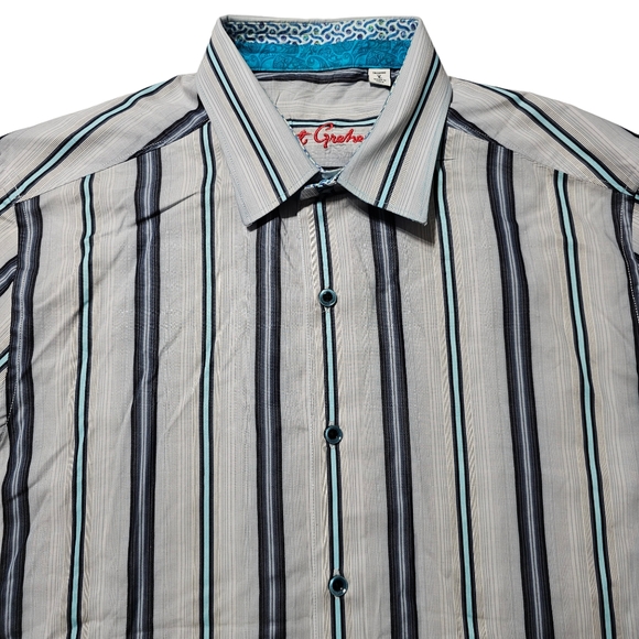 Robert Graham Shirt Mens Large Gray Blue Stripes Long Sleeve Button Up Flip Cuff - Picture 3 of 9